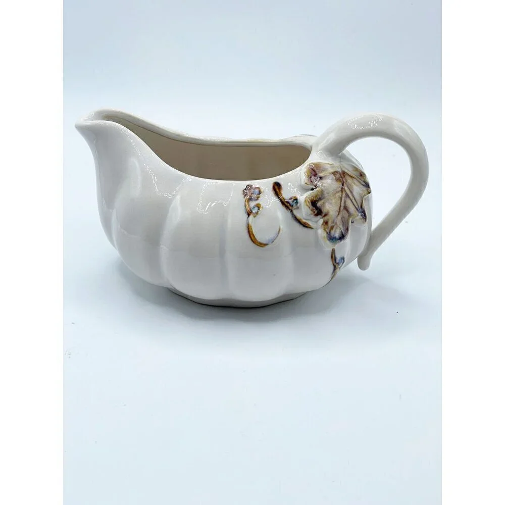 Pier 1 Hand Painted Stoneware Autumn Leaves Ribbed Handled Gravy Boat Creamware